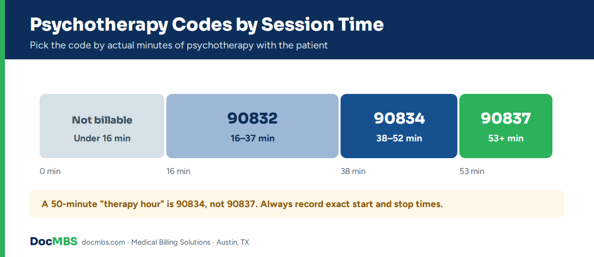 CPT code 90837 time rule compared with 90832 and 90834 psychotherapy codes