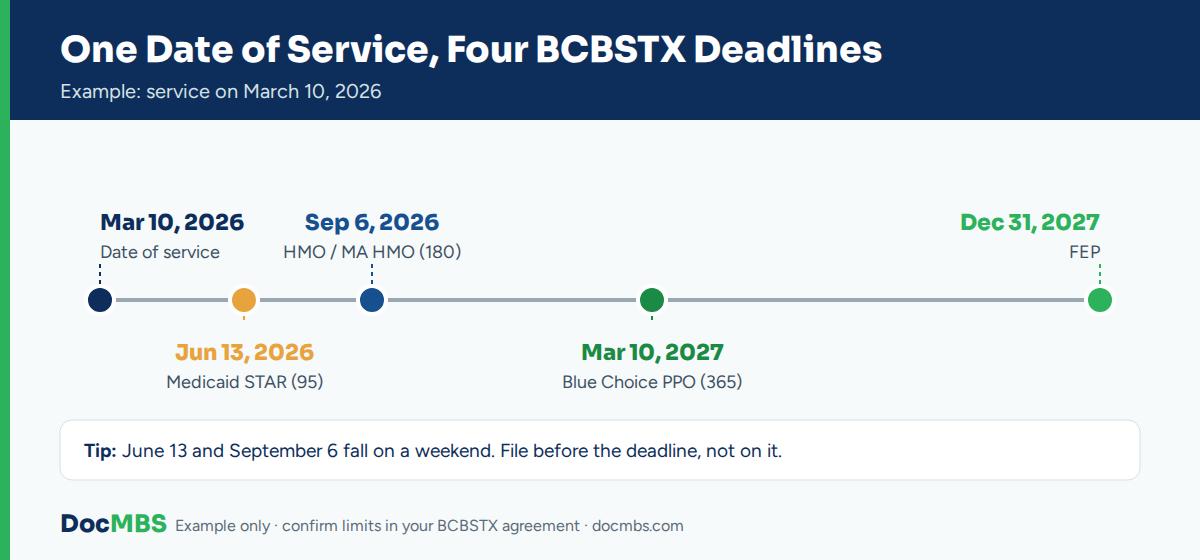 BCBS Texas filing deadline example timeline for a March 10, 2026 date of service