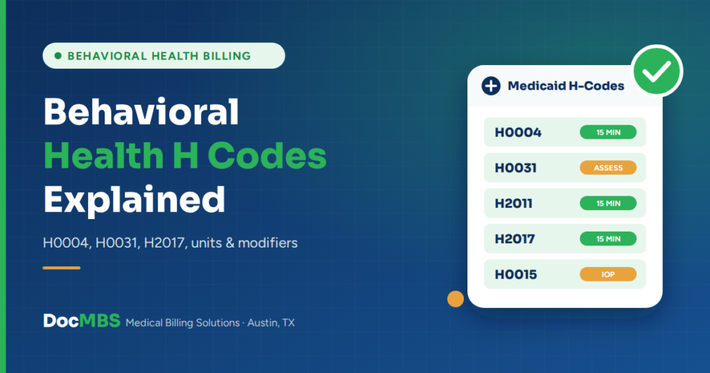 Behavioral health H codes explained: H0004, H0031, H2011, H2017 and H0015 with units and modifiers