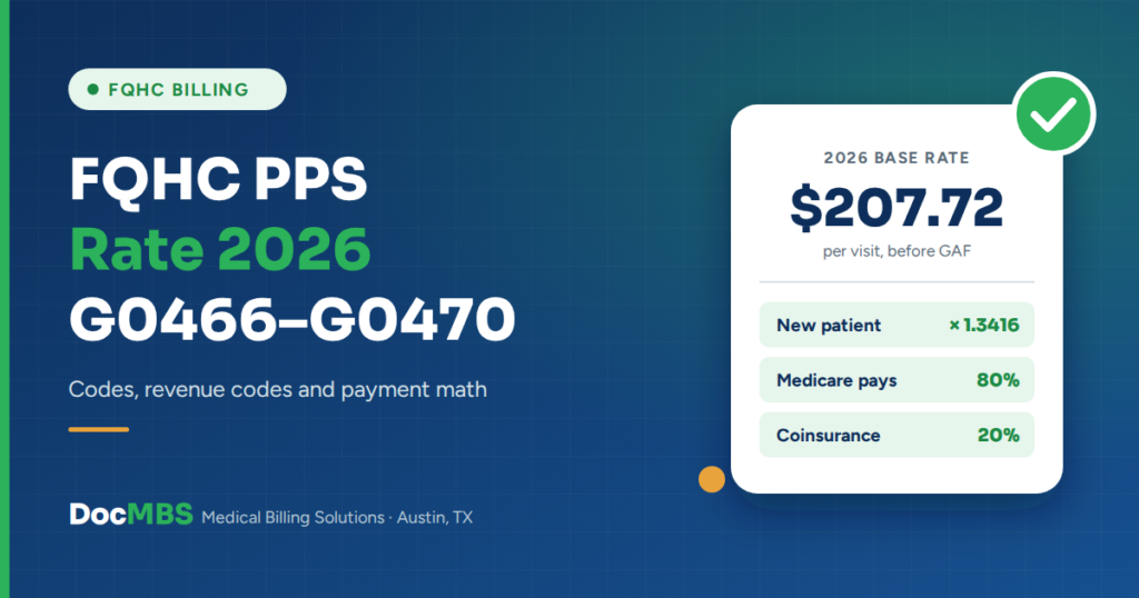 FQHC PPS rate 2026 guide showing the $207.72 base rate and G0466–G0470 codes