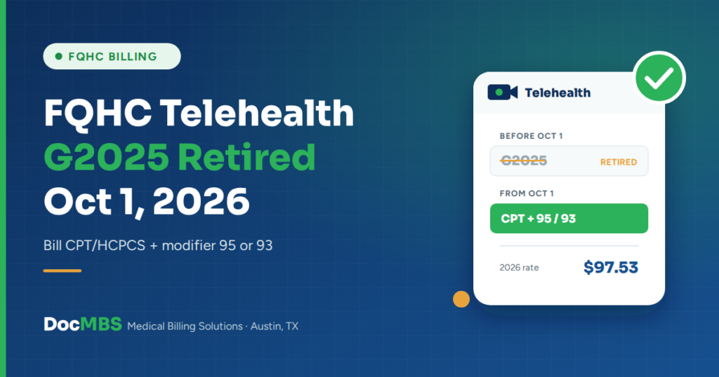 FQHC telehealth billing G2025 retired October 1, 2026: bill CPT or HCPCS with modifier 95 or 93
