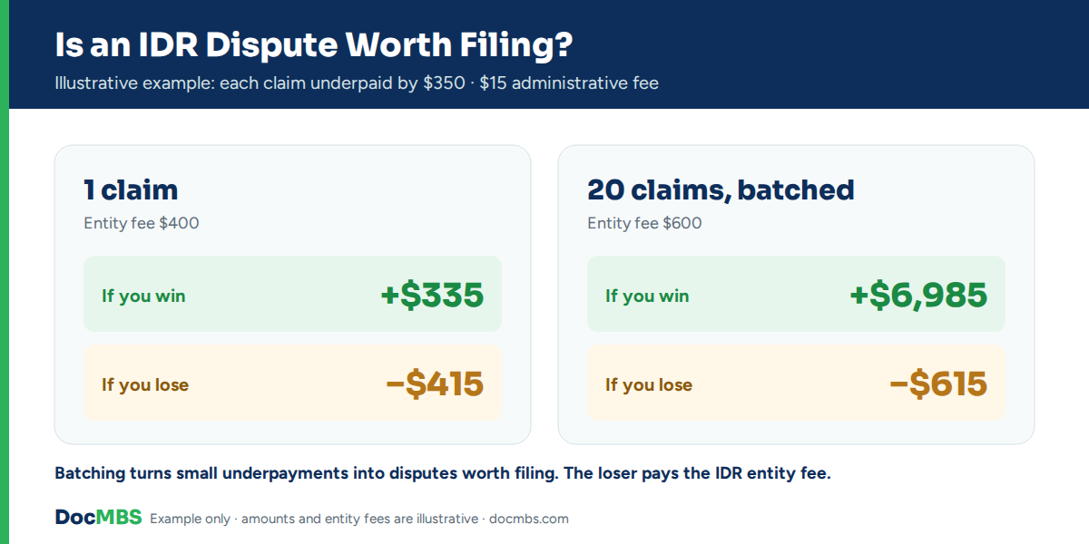 Worked example of the No Surprises Act IDR process comparing one claim with a batch of 20 claims