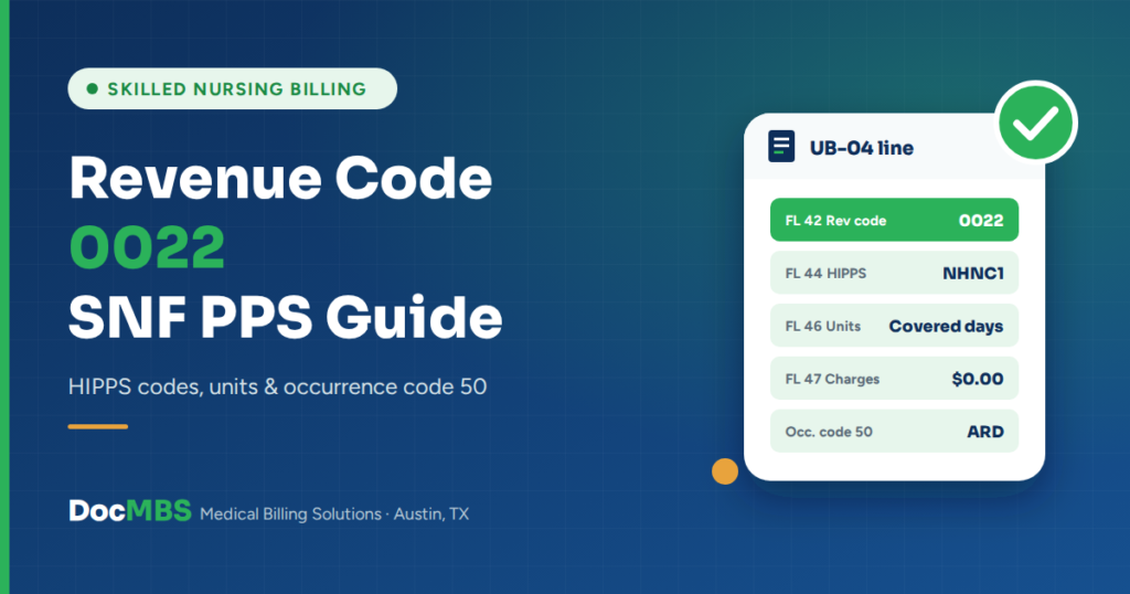 Revenue code 0022 SNF PPS billing guide: HIPPS code, units, $0 charges and occurrence code 50