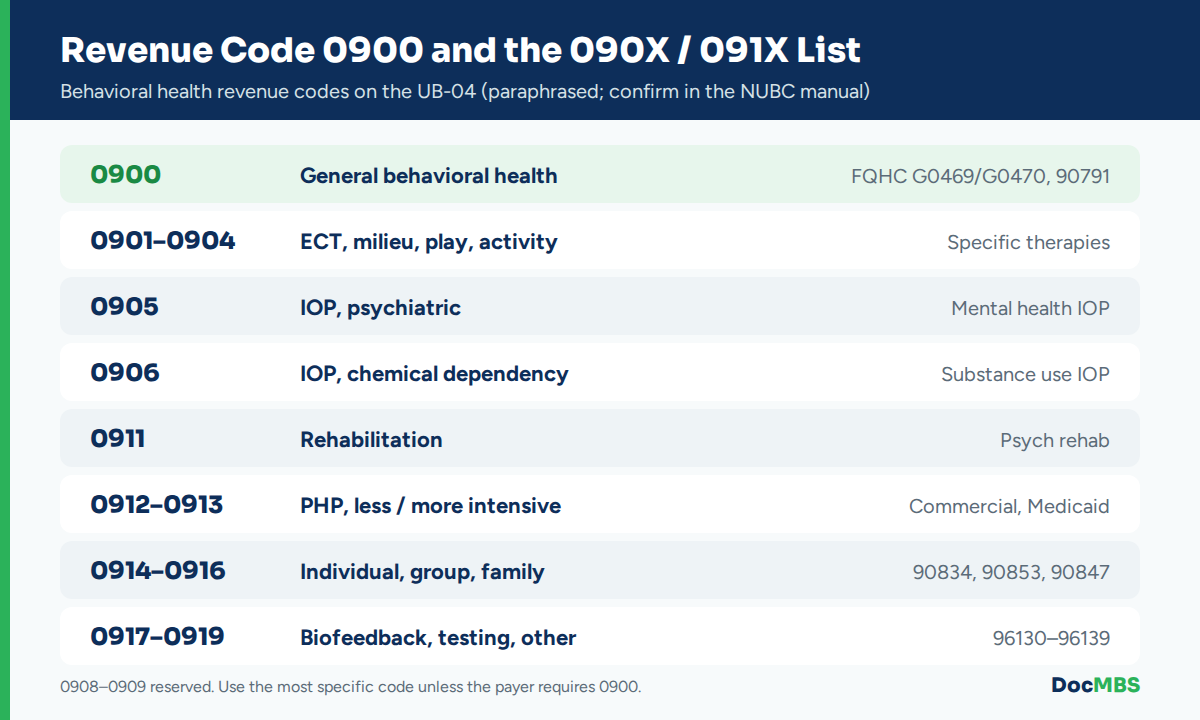 Revenue code 0900 and the full 090X and 091X behavioral health code list