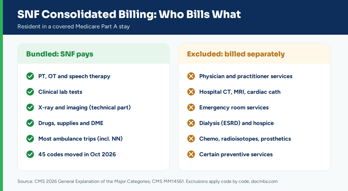 SNF consolidated billing chart of services the SNF pays for vs services excluded and billed separately during a Part A stay