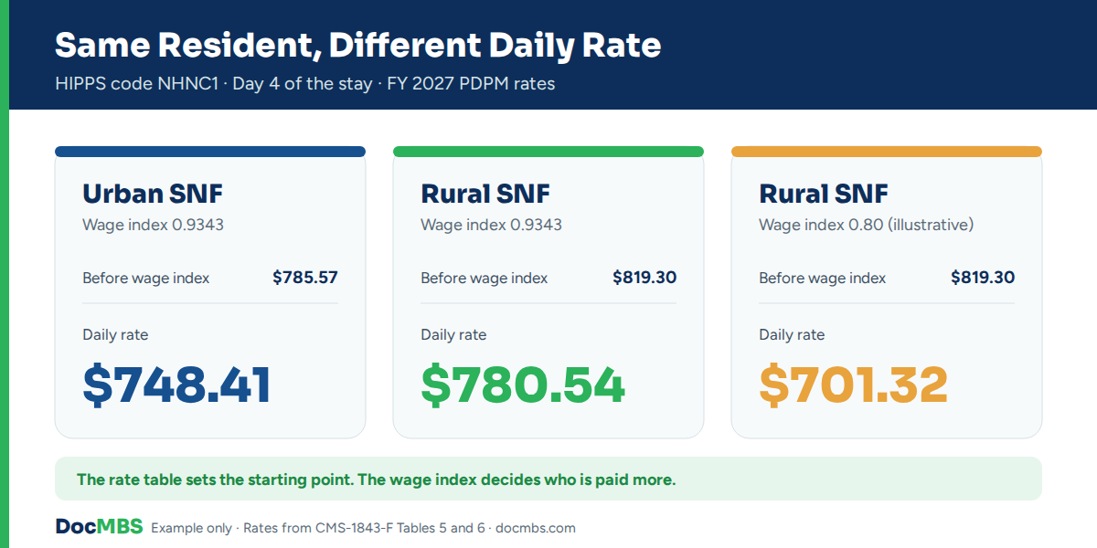 Worked example of SNF PDPM urban vs rural rates for the same resident with different wage indexes